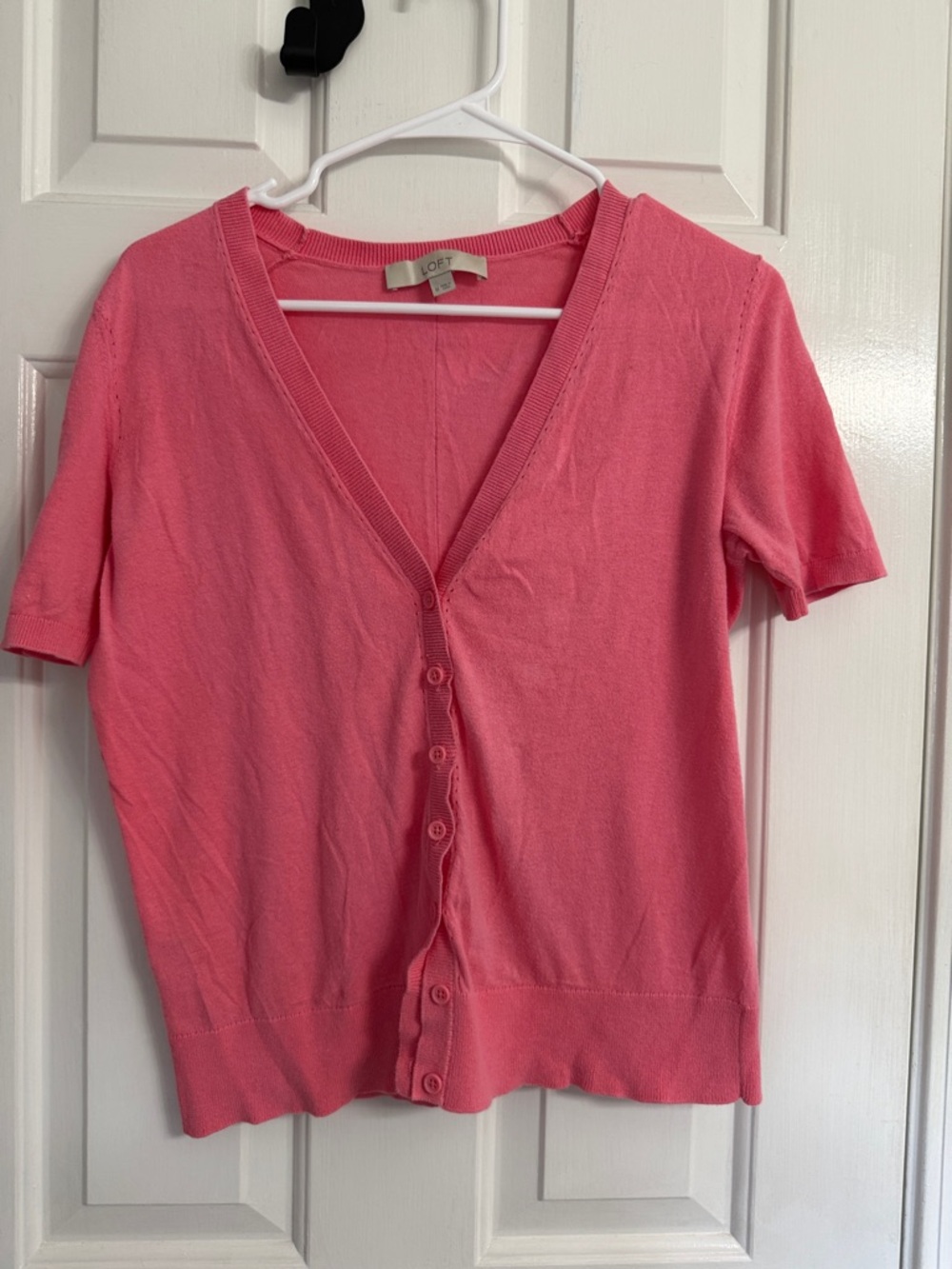LOFT Coral Pink Short-Sleeve V-Neck Button Cardigan